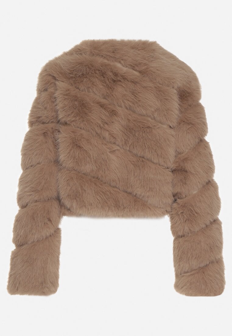 Ciemnobeżowa Krótka Kurtka z Futerkiem na Haftki Loreinda