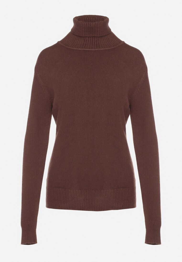 Brązowy Sweter z Golfem z Domieszką Kaszmiru i Wiskozy Zaisma