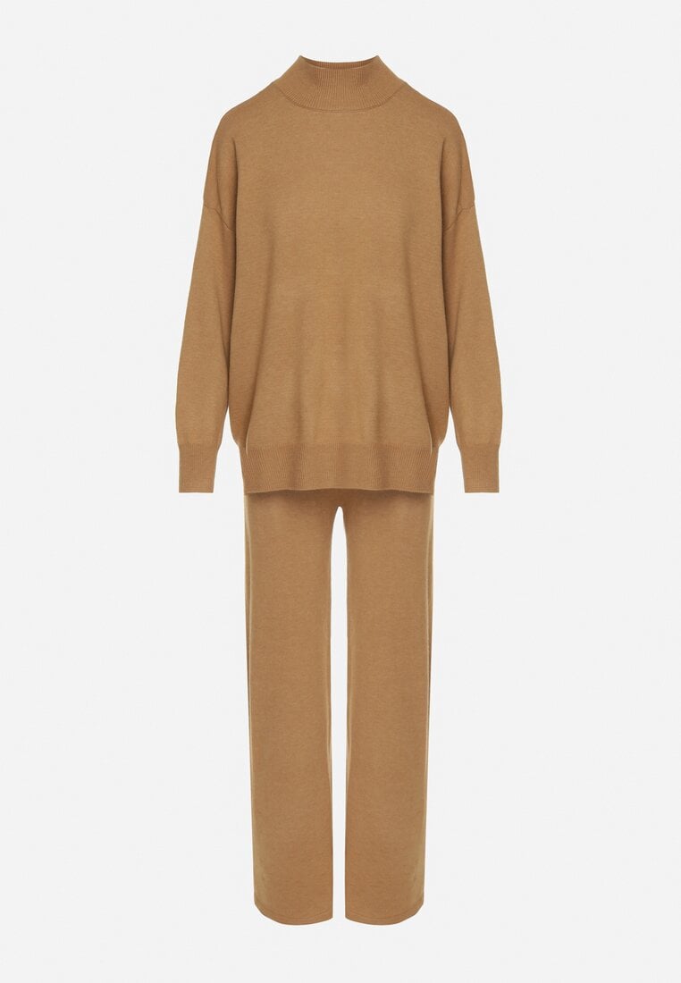 Beżowy Dzianinowy Komplet z Bawełną i Wełną Szerokie Spodnie i Sweter Golf Valefessa