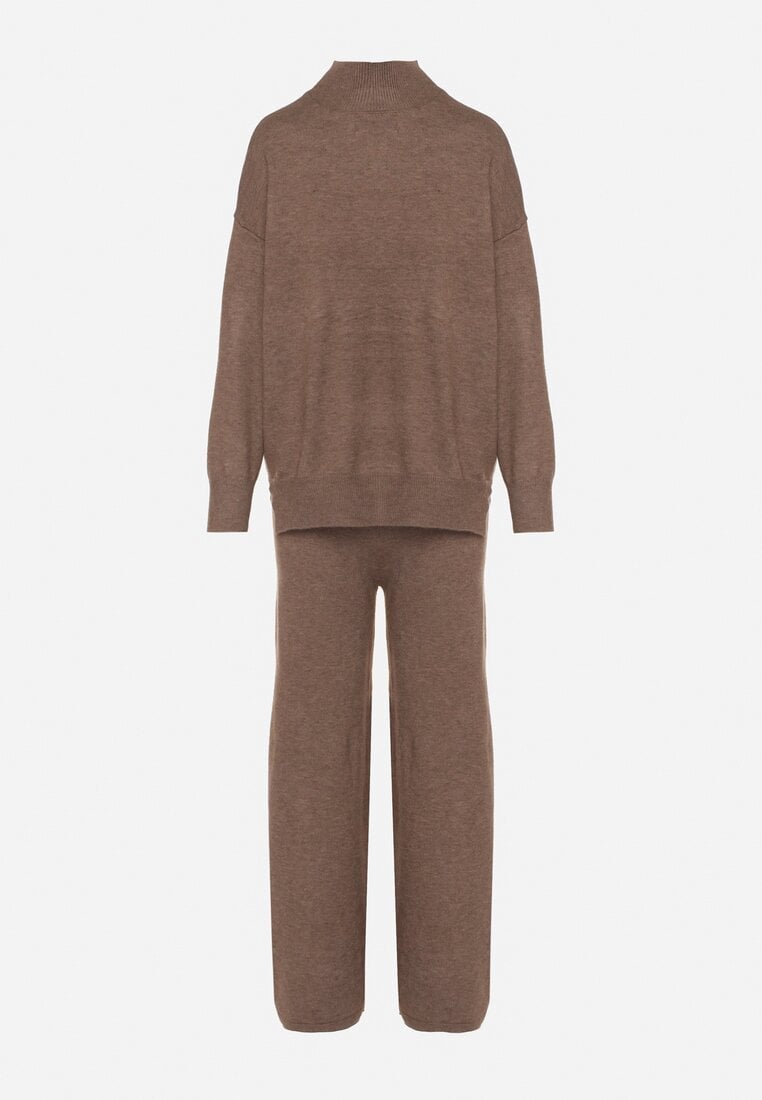 Ciemnobeżowy Dzianinowy Komplet z Bawełną i Wełną Szerokie Spodnie i Sweter Golf Valefessa