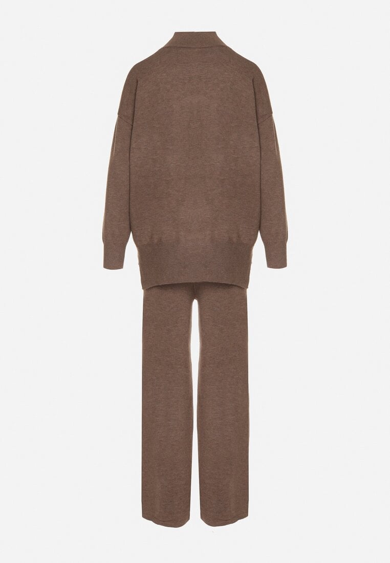 Ciemnobeżowy Dzianinowy Komplet z Bawełną i Wełną Szerokie Spodnie i Sweter Golf Valefessa