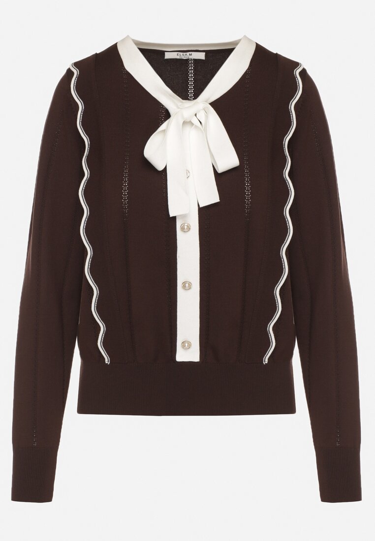 Brązowy Sweter z Wiskozą Ozdobiony Kokardą Eleganckimi Guzikami i Kontrastowymi Detalami Miariel