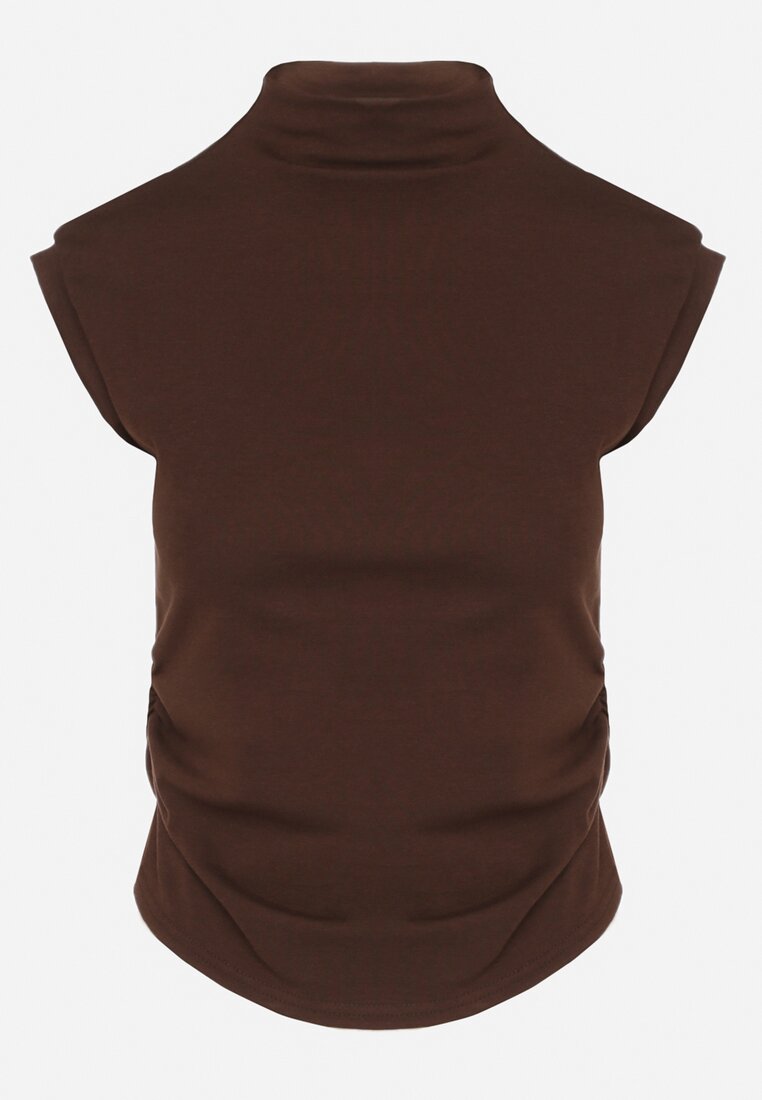 Brązowy Marszczony Top z Bawełny i Wiskozy z Półgolfem Zetalia