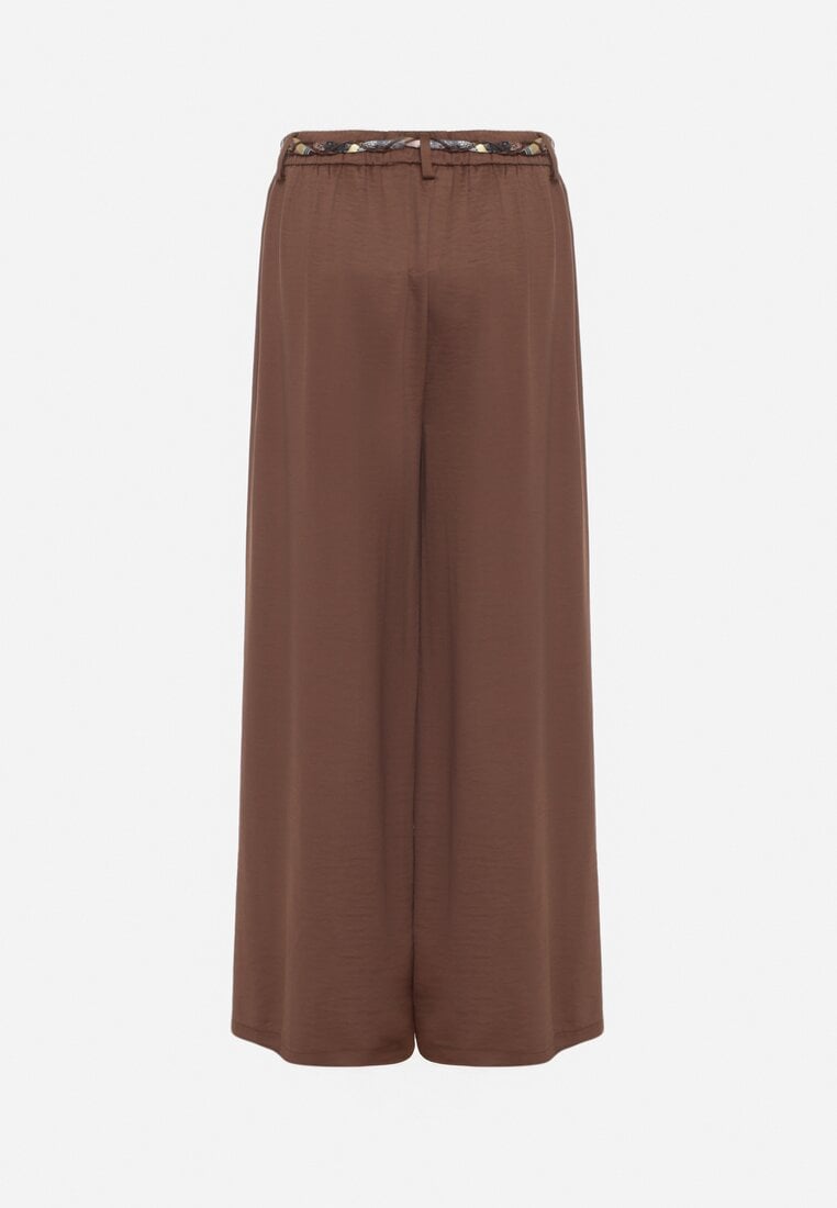 Brązowe Spodnie o Szerokim Kroju Ozdobione Paskiem Tusrina