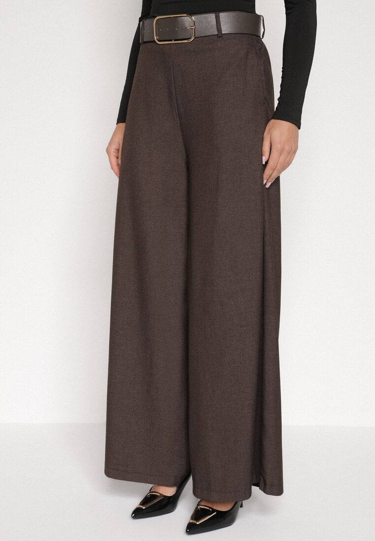 Brązowe Bawełniane Szerokie Spodnie Garniturowe z Wysokim Stanem i Paskiem Tusamia