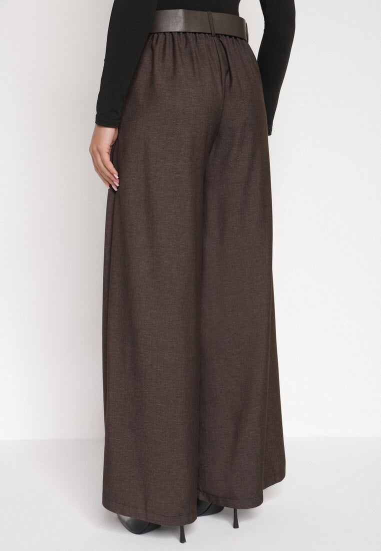 Brązowe Bawełniane Szerokie Spodnie Garniturowe z Wysokim Stanem i Paskiem Tusamia