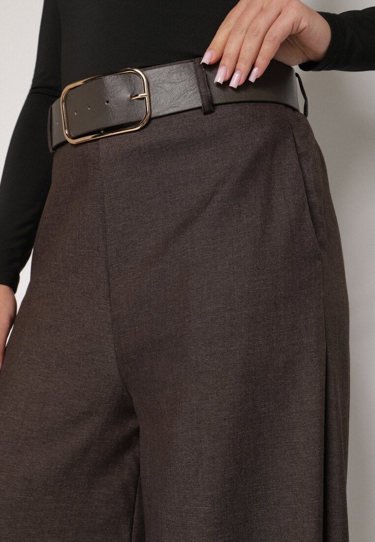 Brązowe Bawełniane Szerokie Spodnie Garniturowe z Wysokim Stanem i Paskiem Tusamia