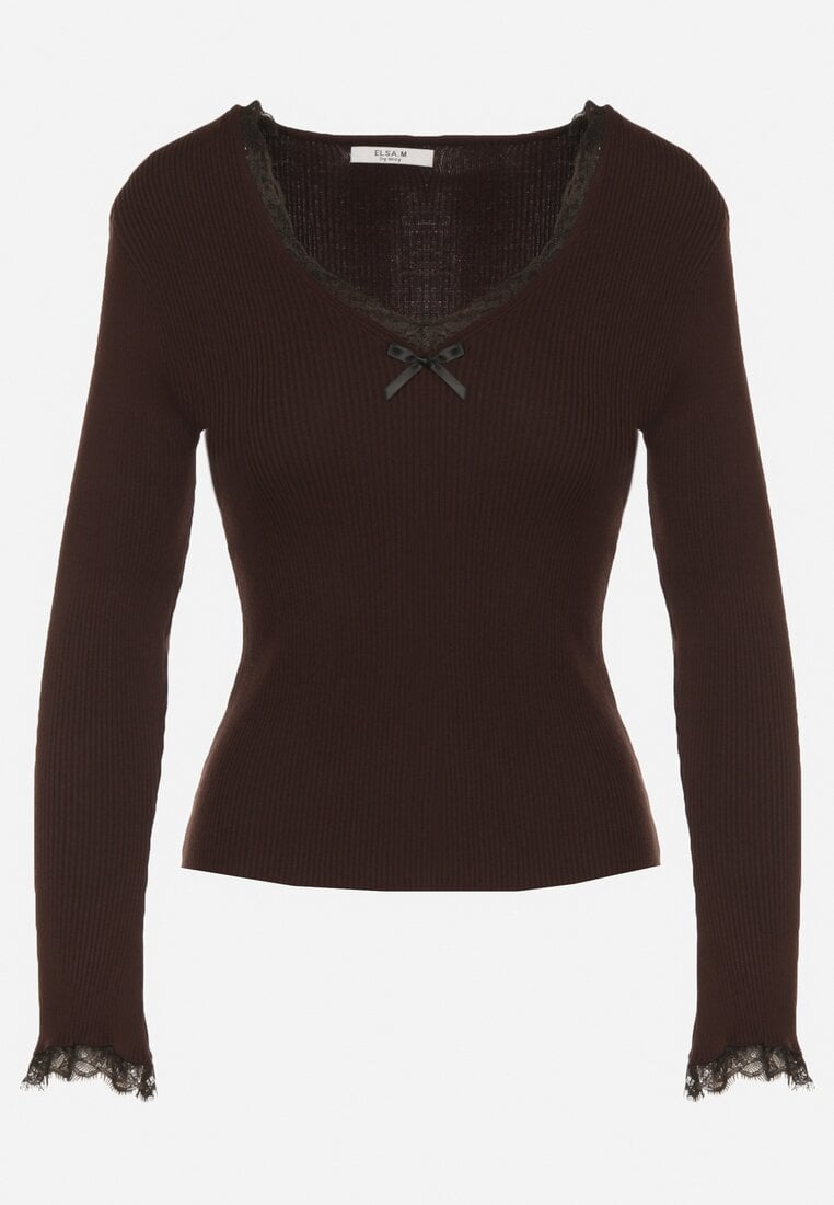 Brązowy Sweter z Wiskozą Ozdobiony Koronką i Kokardką Tusirea