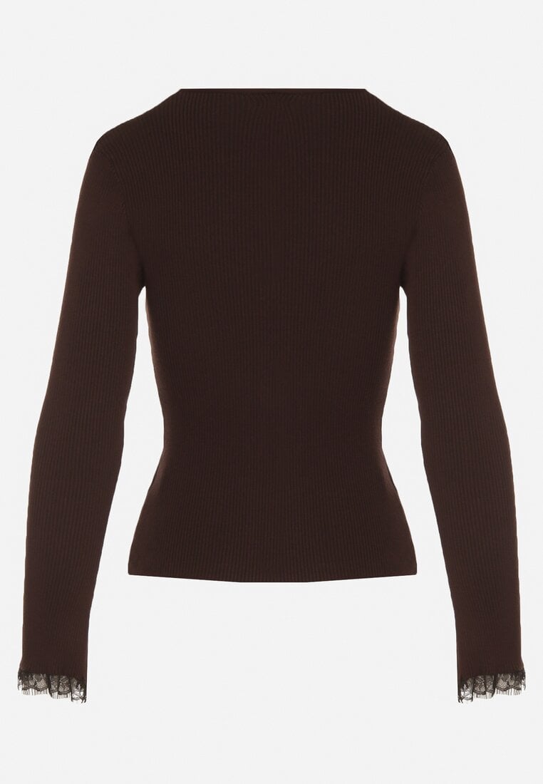Brązowy Sweter z Wiskozą Ozdobiony Koronką i Kokardką Tusirea