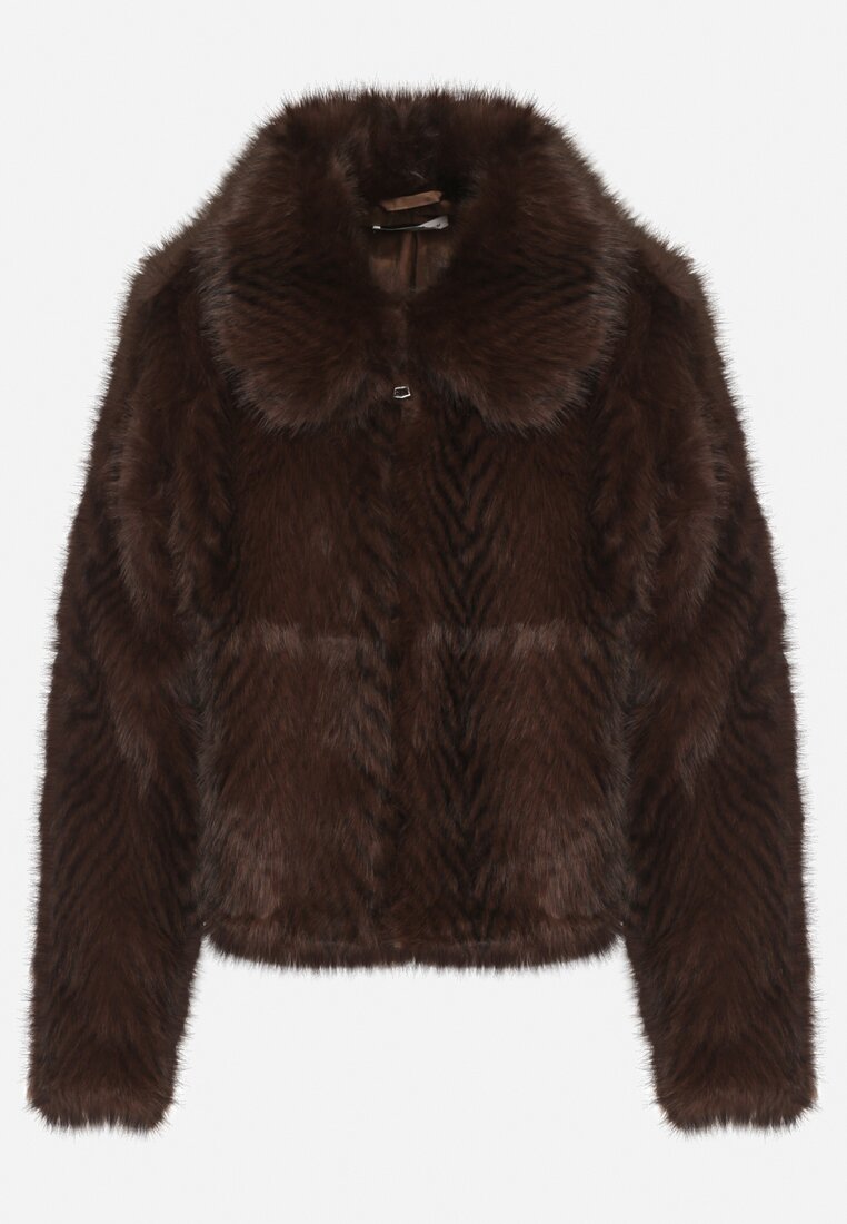 Brązowa Kurtka Futerko o Prostym Kroju z Zapięciem na Suwak Tusiviela