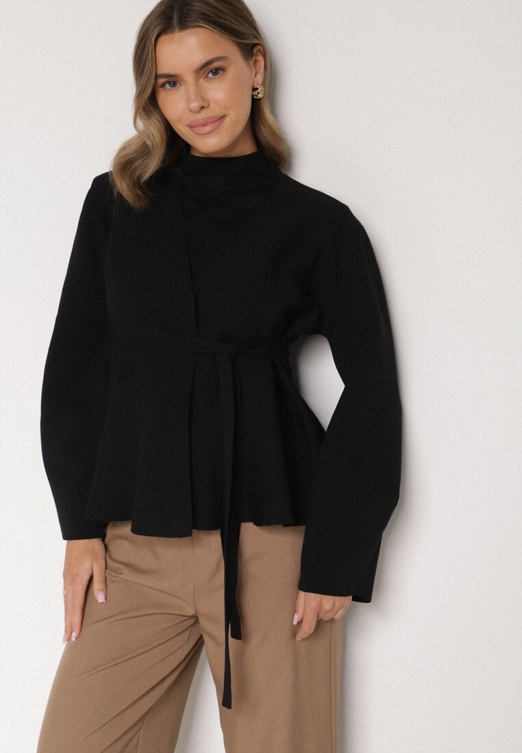 Czarny Kardigan z Wiskozą i Wiązaniem w Pasie Tusvela