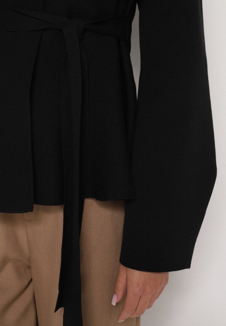 Czarny Kardigan z Wiskozą i Wiązaniem w Pasie Tusvela