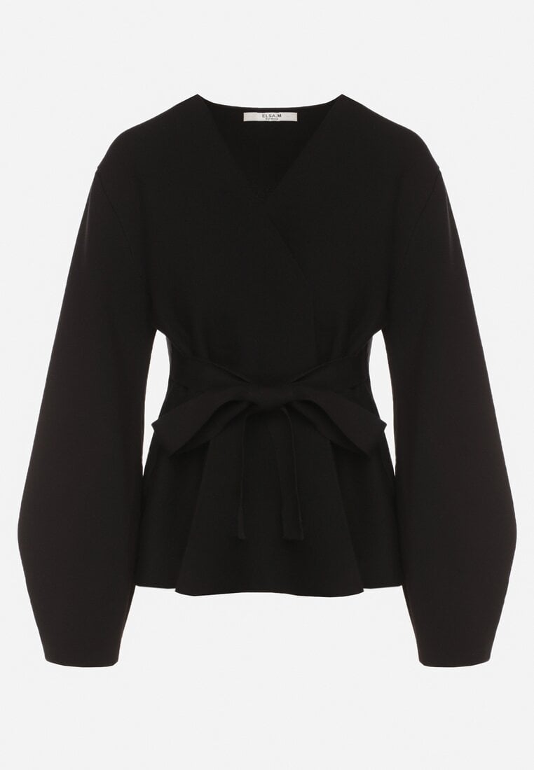 Czarny Kardigan z Wiskozą i Wiązaniem w Pasie Tusvela