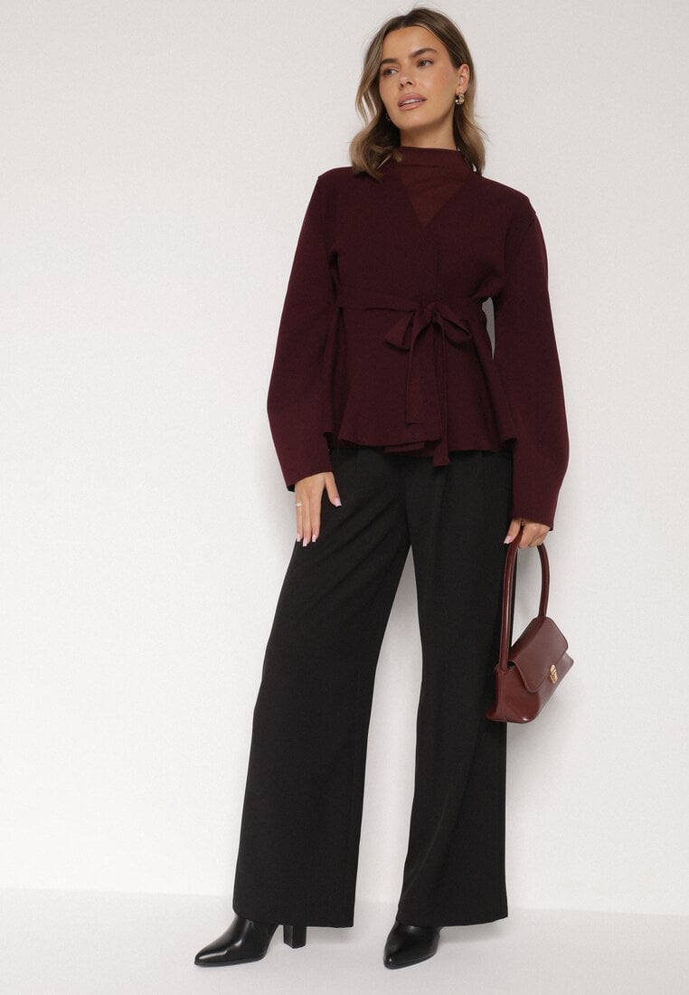 Bordowy Kardigan z Wiskozą i Wiązaniem w Pasie Tusvela