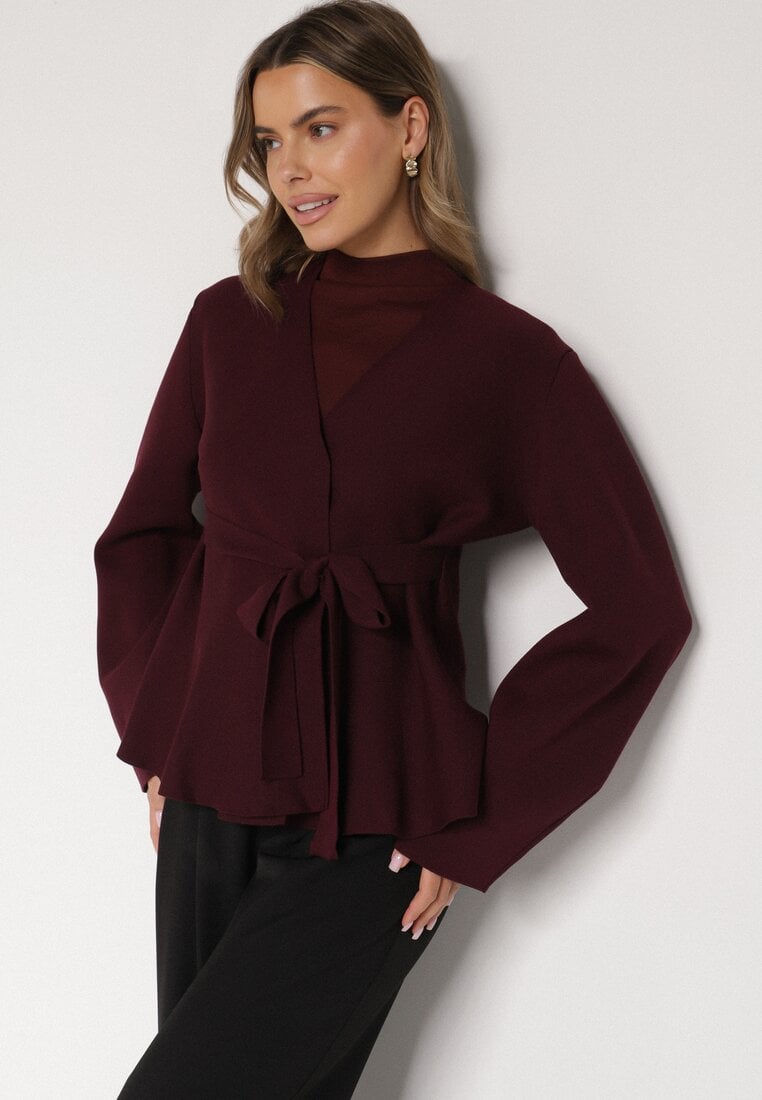 Bordowy Kardigan z Wiskozą i Wiązaniem w Pasie Tusvela