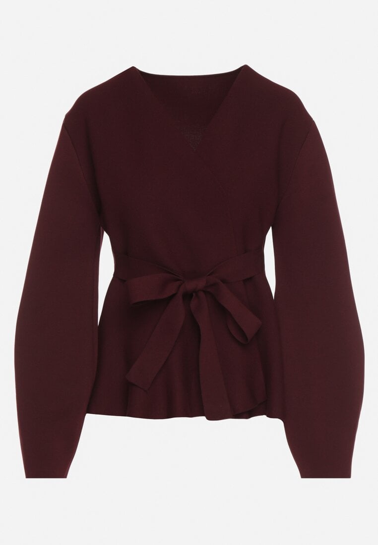Bordowy Kardigan z Wiskozą i Wiązaniem w Pasie Tusvela