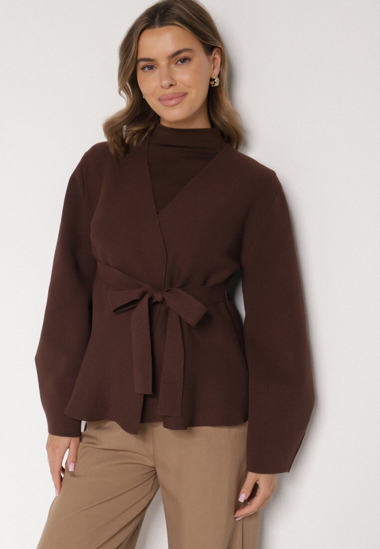 Brązowy Kardigan z Wiskozą i Wiązaniem w Pasie Tusvela