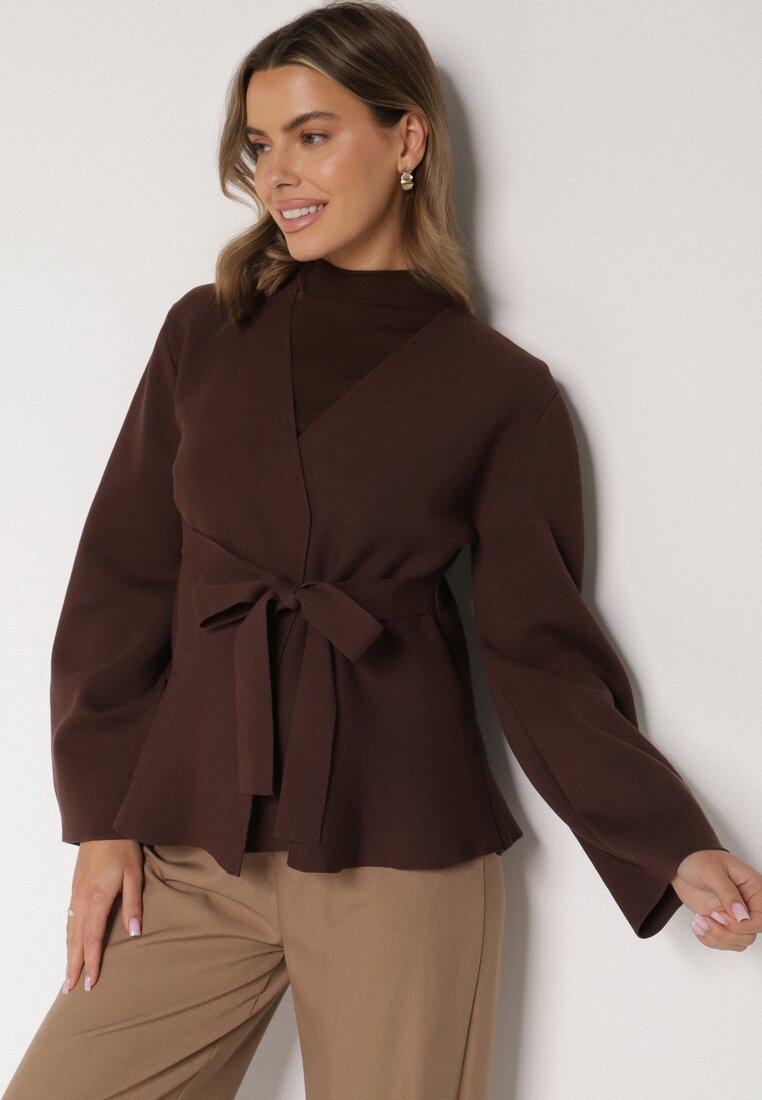 Brązowy Kardigan z Wiskozą i Wiązaniem w Pasie Tusvela