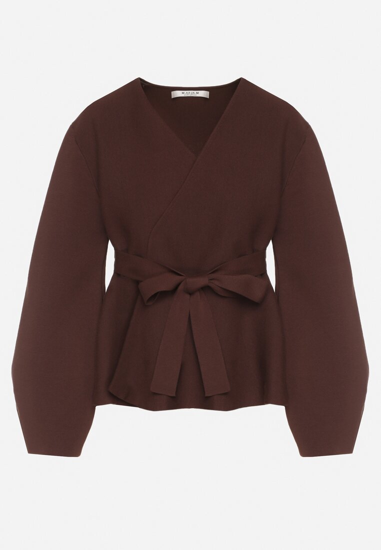 Brązowy Kardigan z Wiskozą i Wiązaniem w Pasie Tusvela