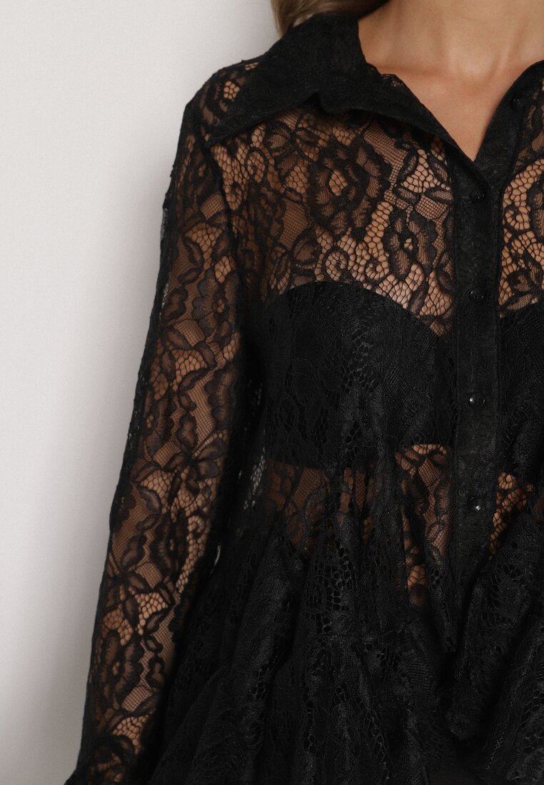 Czarna Koronkowa Koszula Ozdobiona Falbankami Ezirena