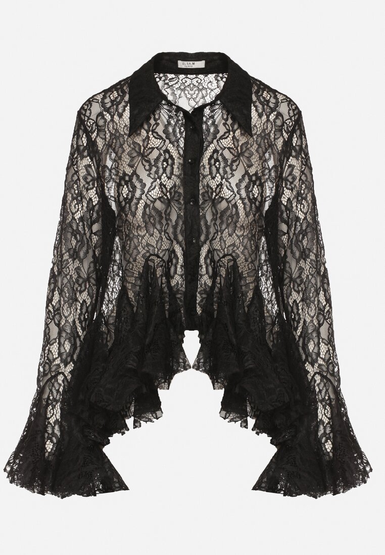 Czarna Koronkowa Koszula Ozdobiona Falbankami Ezirena