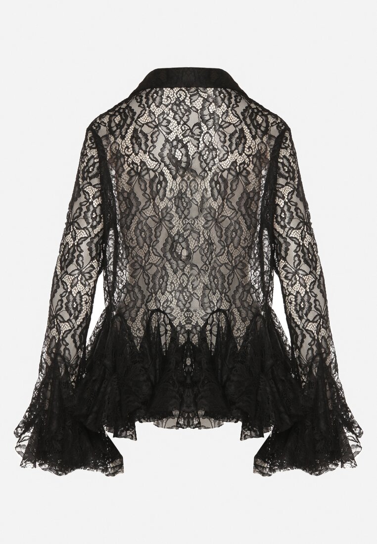 Czarna Koronkowa Koszula Ozdobiona Falbankami Ezirena
