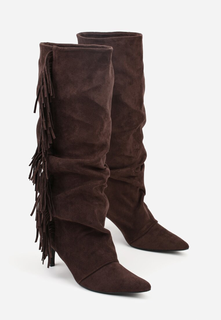 Brązowe Marszczone Kozaki z Imitacji Zamszu na Niskiej Szpilce z Frędzlami Linonra