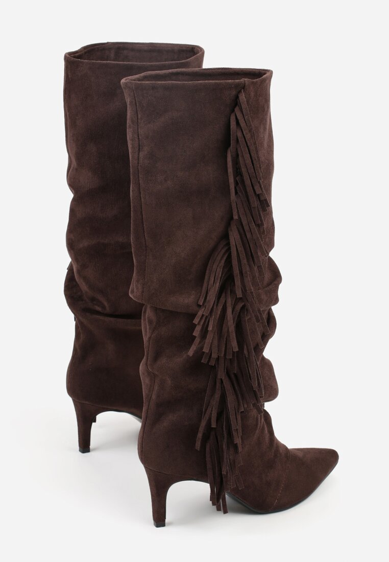 Brązowe Marszczone Kozaki z Imitacji Zamszu na Niskiej Szpilce z Frędzlami Linonra
