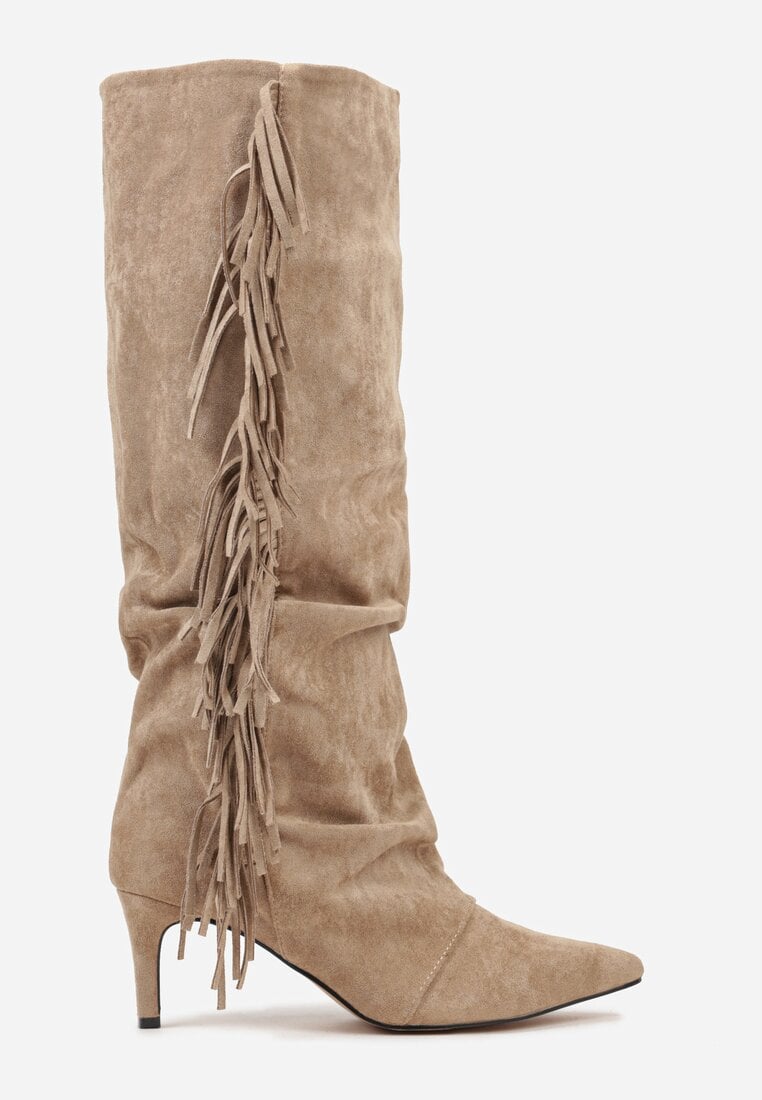 Ciemnobeżowe Marszczone Kozaki z Imitacji Zamszu na Niskiej Szpilce z Frędzlami Linonra