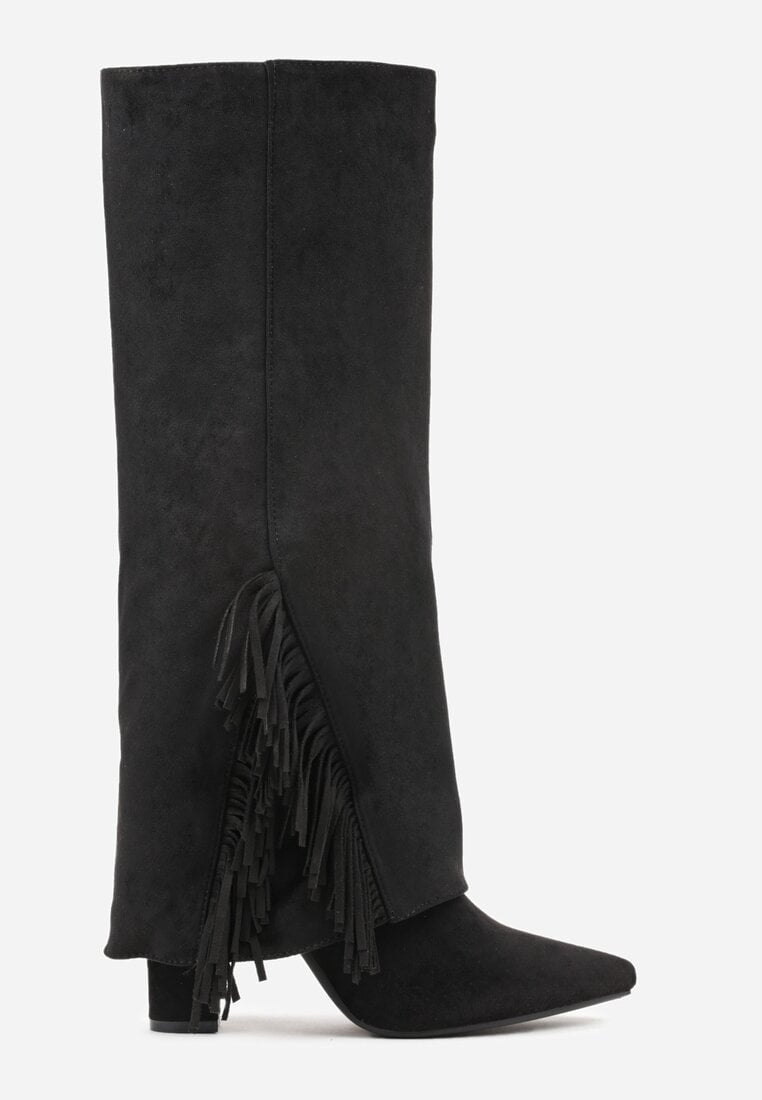 Czarne Kozaki na Słupku z Wywiniętą Cholewką z Frędzlami Linadela