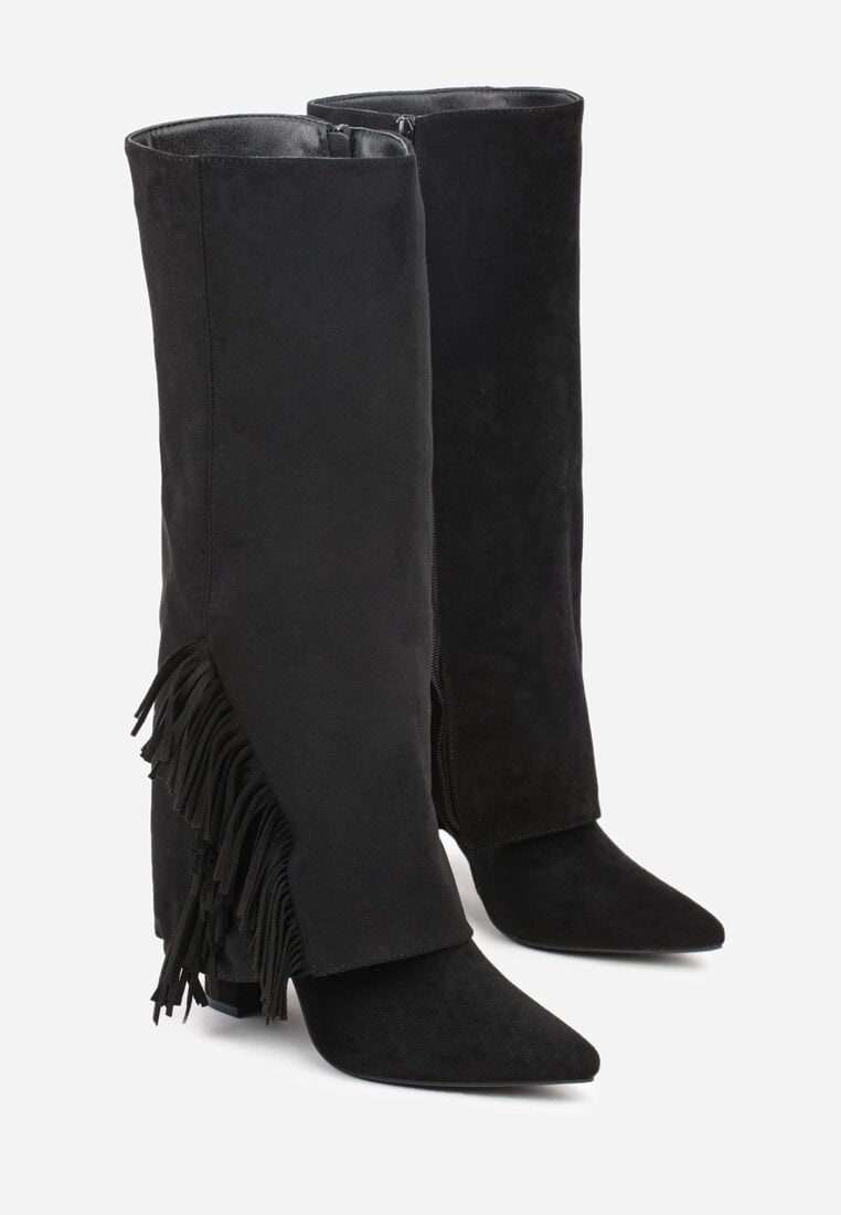 Czarne Kozaki na Słupku z Wywiniętą Cholewką z Frędzlami Linadela