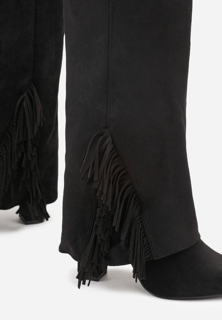 Czarne Kozaki na Słupku z Wywiniętą Cholewką z Frędzlami Linadela