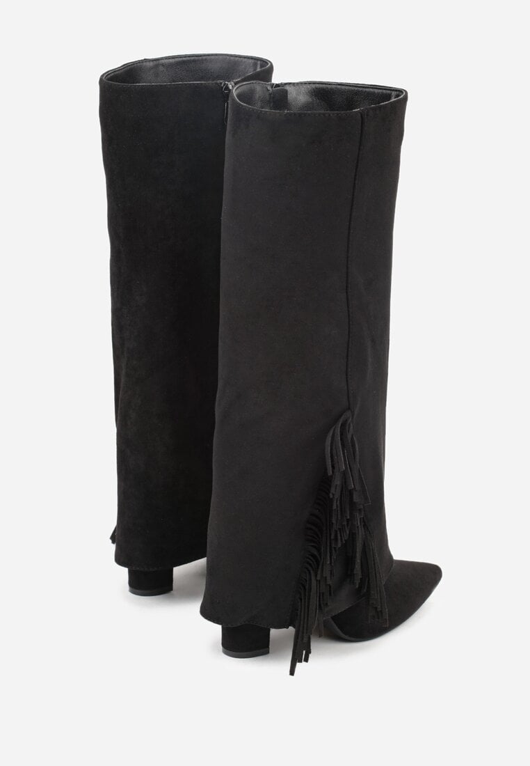 Czarne Kozaki na Słupku z Wywiniętą Cholewką z Frędzlami Linadela