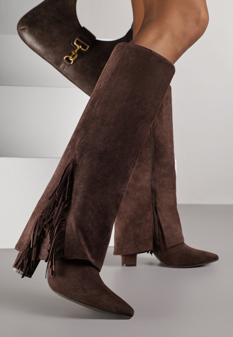 Brązowe Kozaki na Słupku z Wywiniętą Cholewką z Frędzlami Linadela