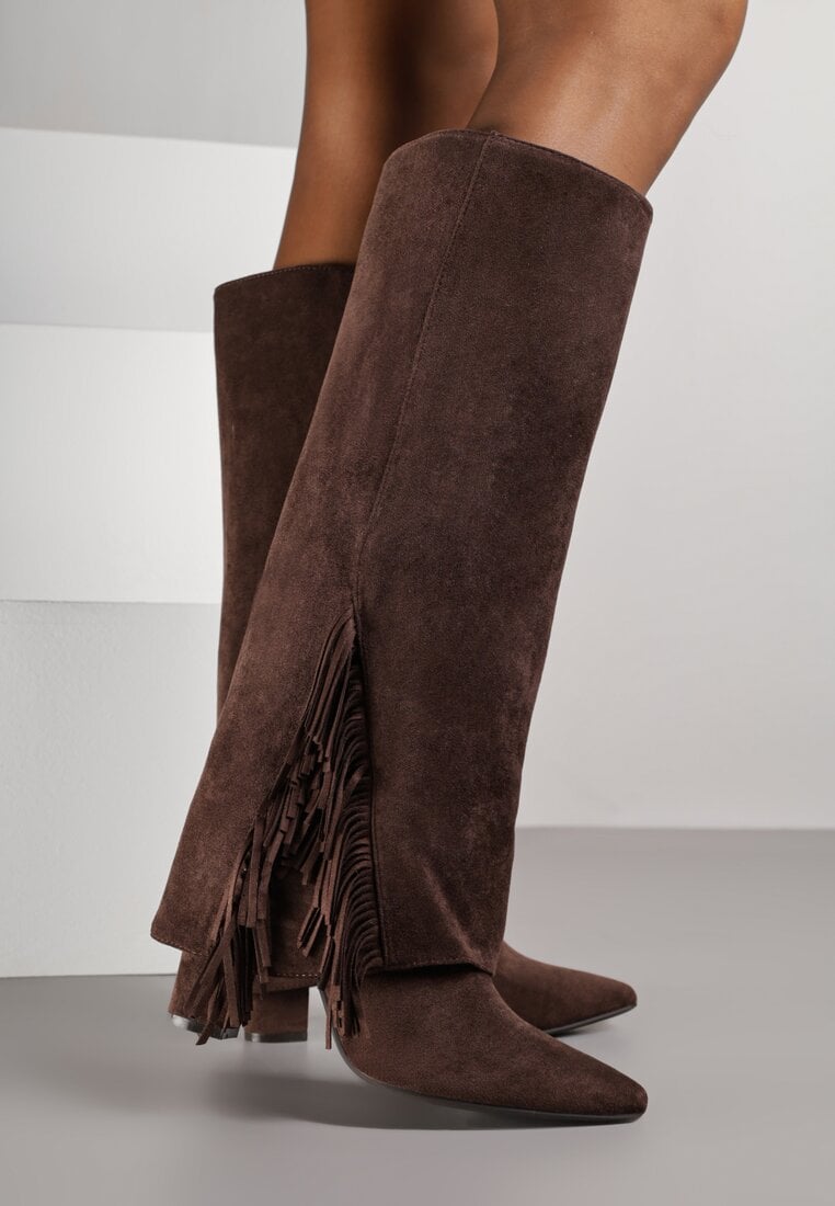 Brązowe Kozaki na Słupku z Wywiniętą Cholewką z Frędzlami Linadela