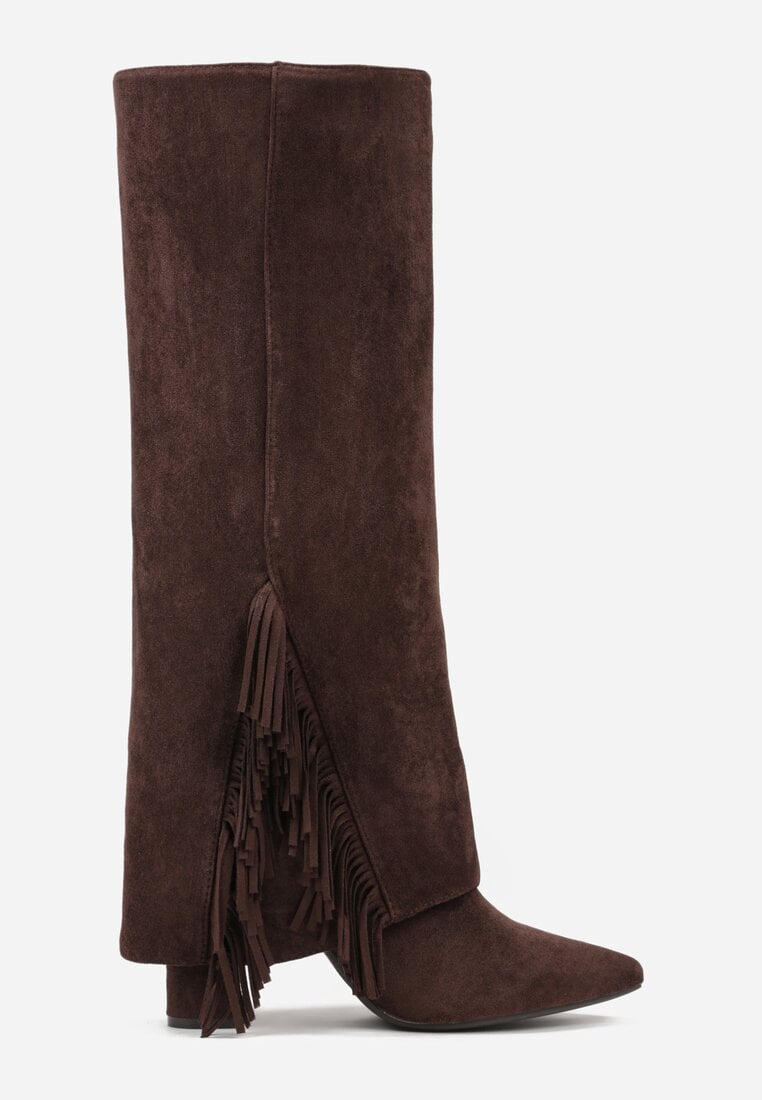 Brązowe Kozaki na Słupku z Wywiniętą Cholewką z Frędzlami Linadela