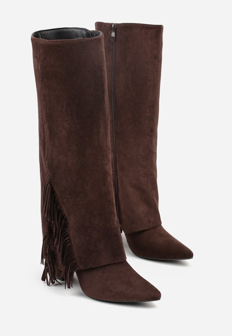 Brązowe Kozaki na Słupku z Wywiniętą Cholewką z Frędzlami Linadela