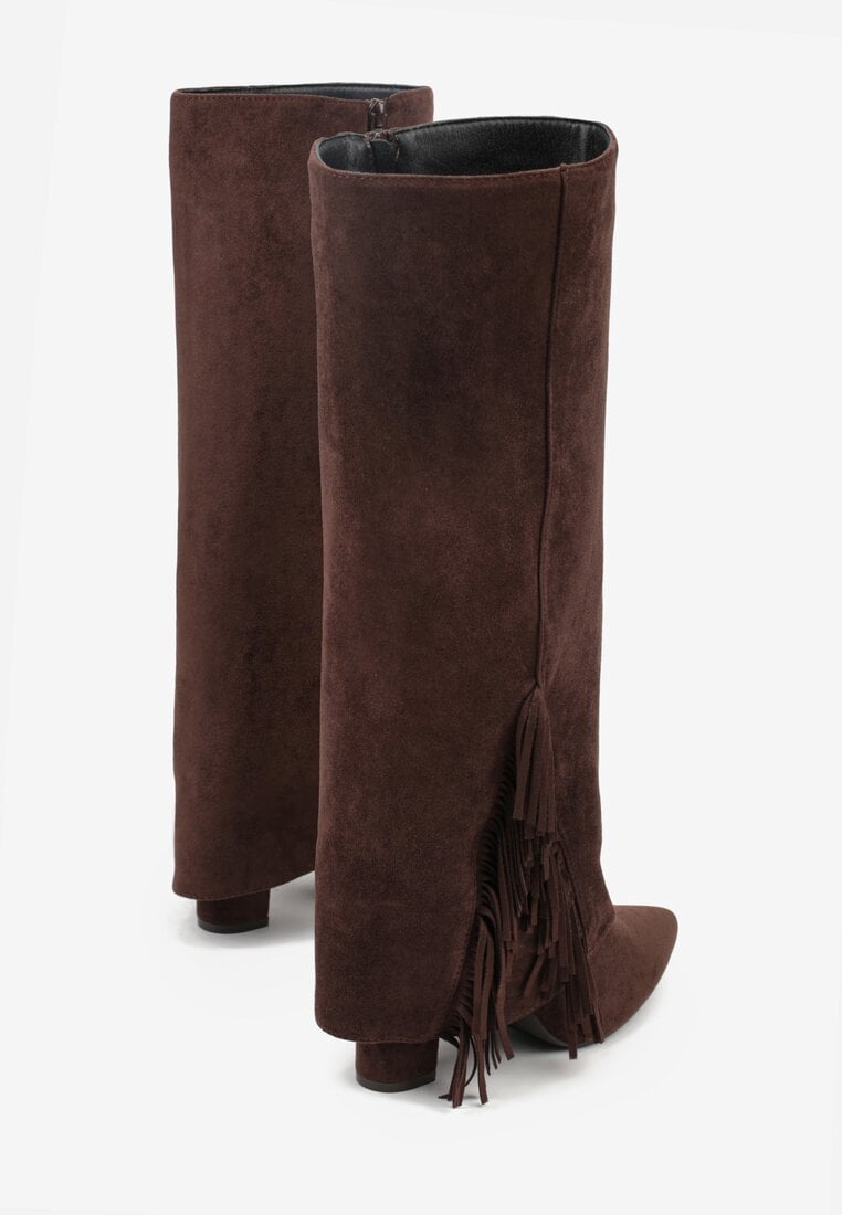 Brązowe Kozaki na Słupku z Wywiniętą Cholewką z Frędzlami Linadela