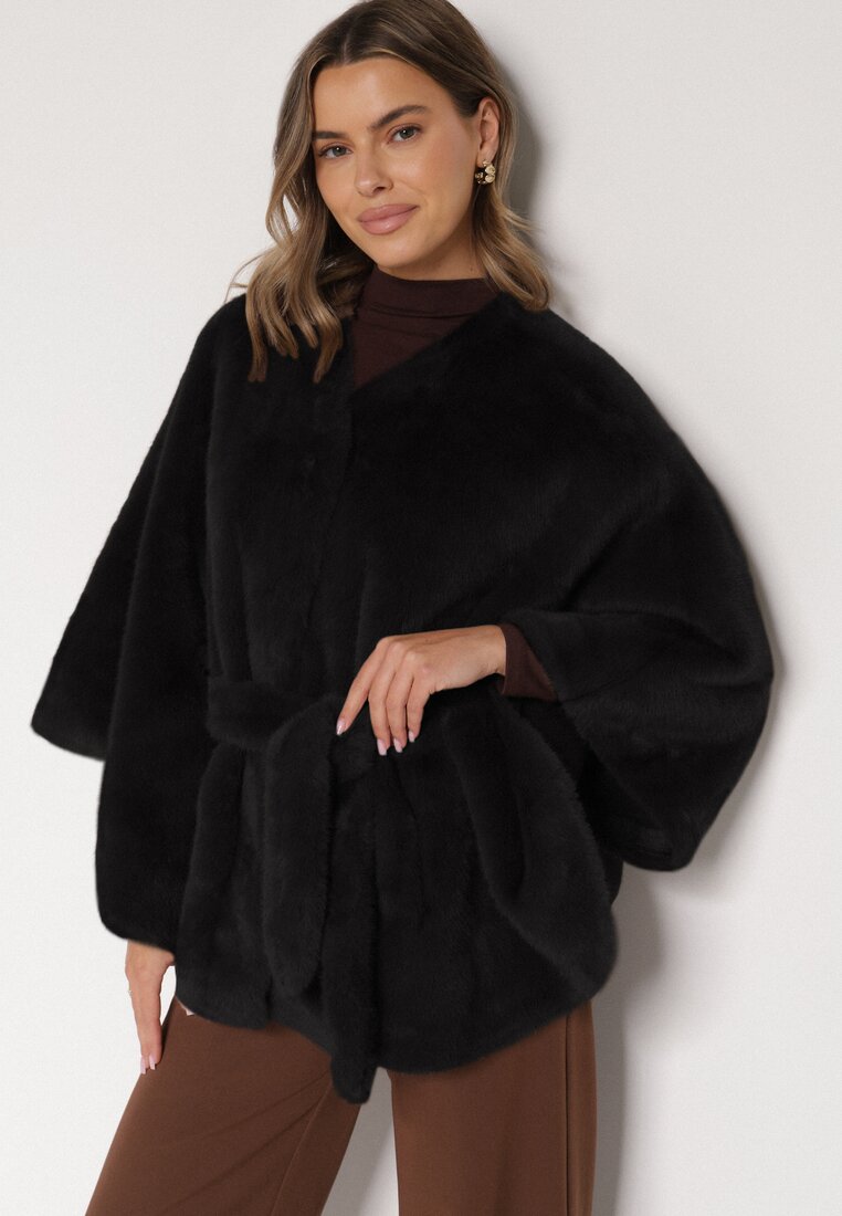 Czarne Ponczo z Futerkiem i Wiązanym Paskiem Monalena