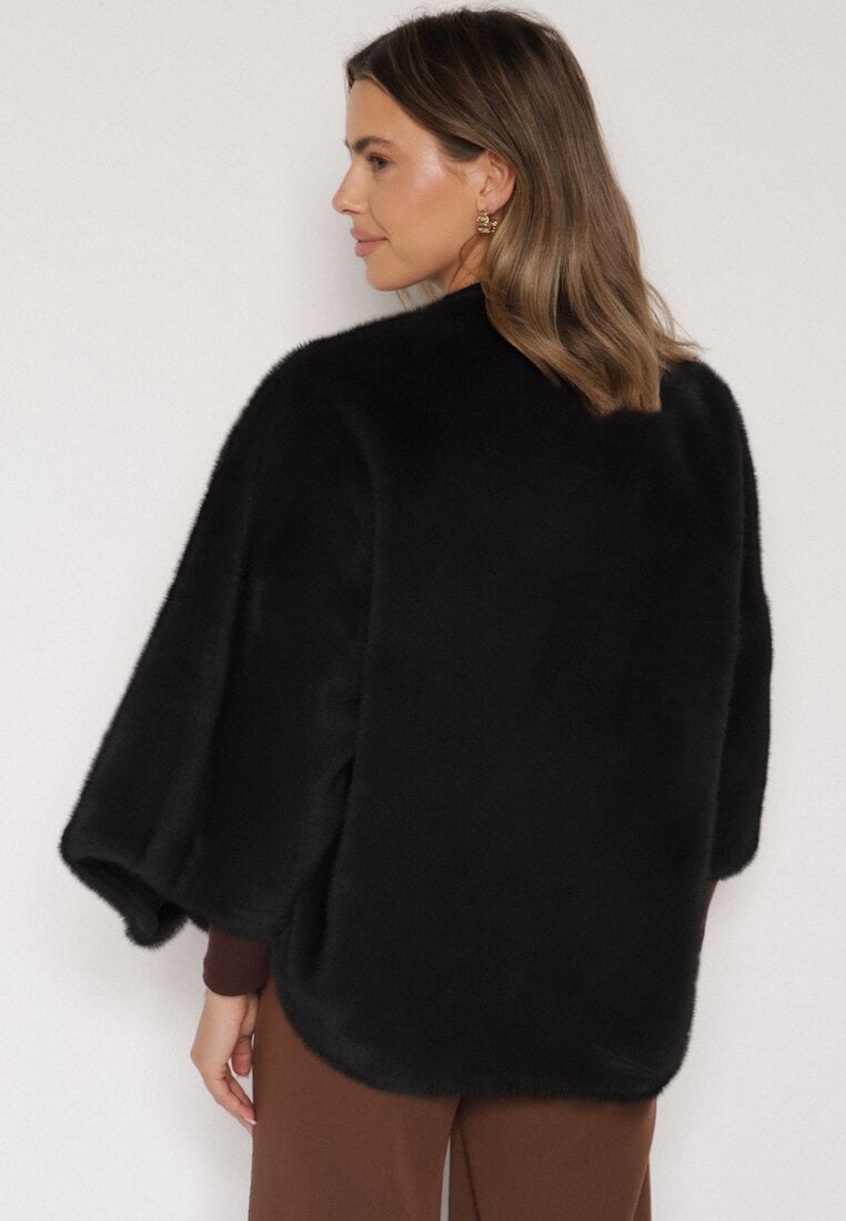 Czarne Ponczo z Futerkiem i Wiązanym Paskiem Monalena