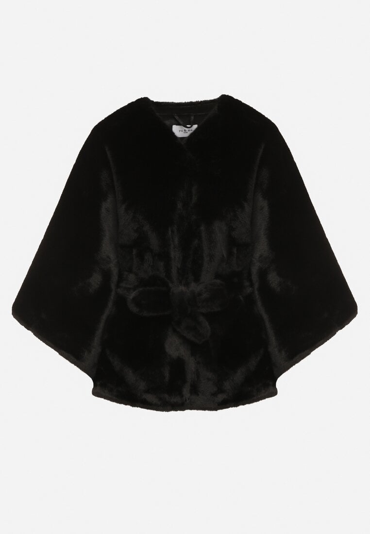Czarne Ponczo z Futerkiem i Wiązanym Paskiem Monalena