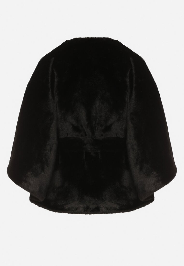 Czarne Ponczo z Futerkiem i Wiązanym Paskiem Monalena