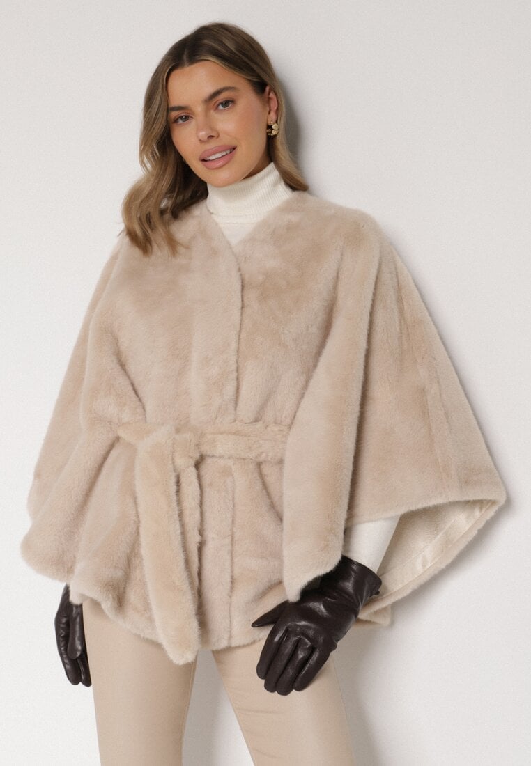 Beżowe Ponczo z Futerkiem i Wiązanym Paskiem Monalena