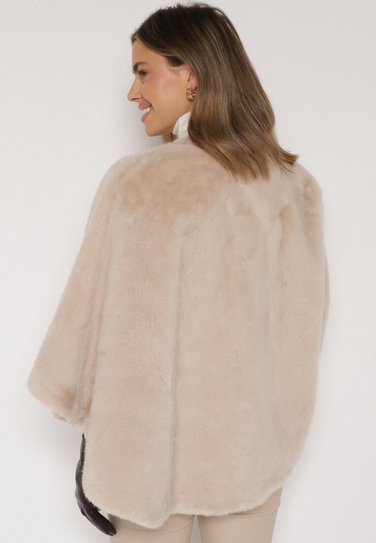 Beżowe Ponczo z Futerkiem i Wiązanym Paskiem Monalena