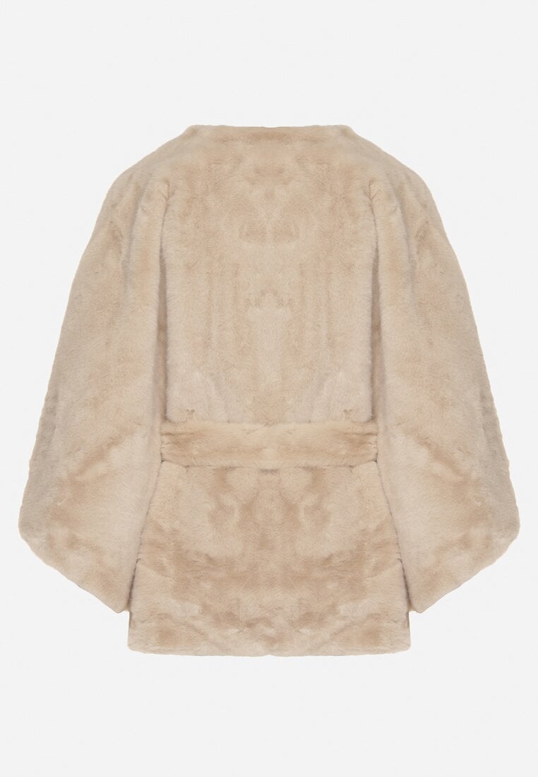 Beżowe Ponczo z Futerkiem i Wiązanym Paskiem Monalena