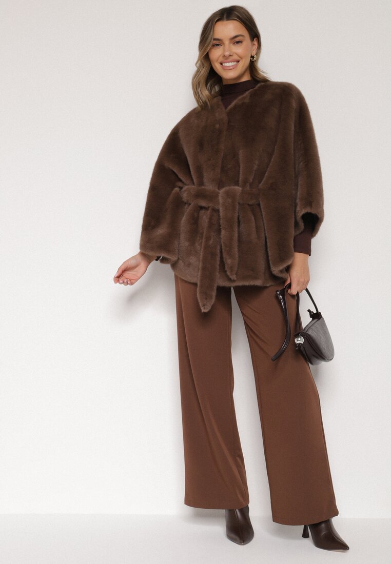 Brązowe Ponczo z Futerkiem i Wiązanym Paskiem Monalena