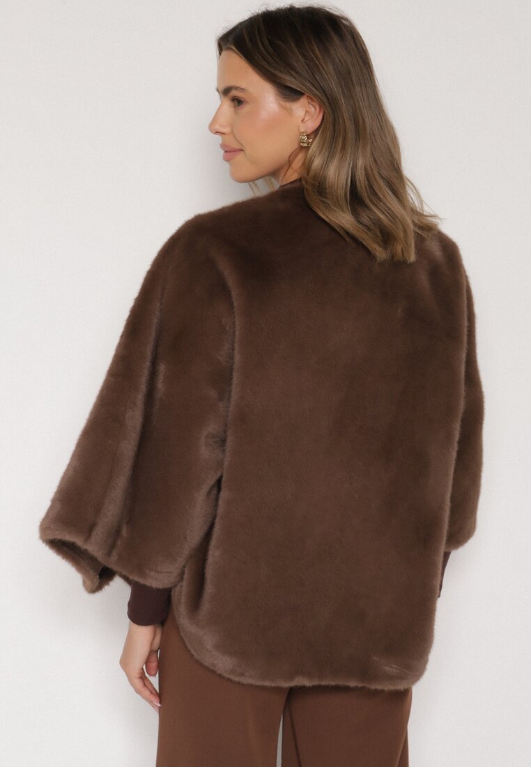 Brązowe Ponczo z Futerkiem i Wiązanym Paskiem Monalena