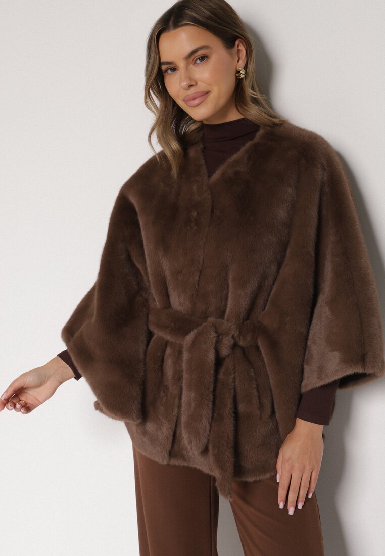 Brązowe Ponczo z Futerkiem i Wiązanym Paskiem Monalena