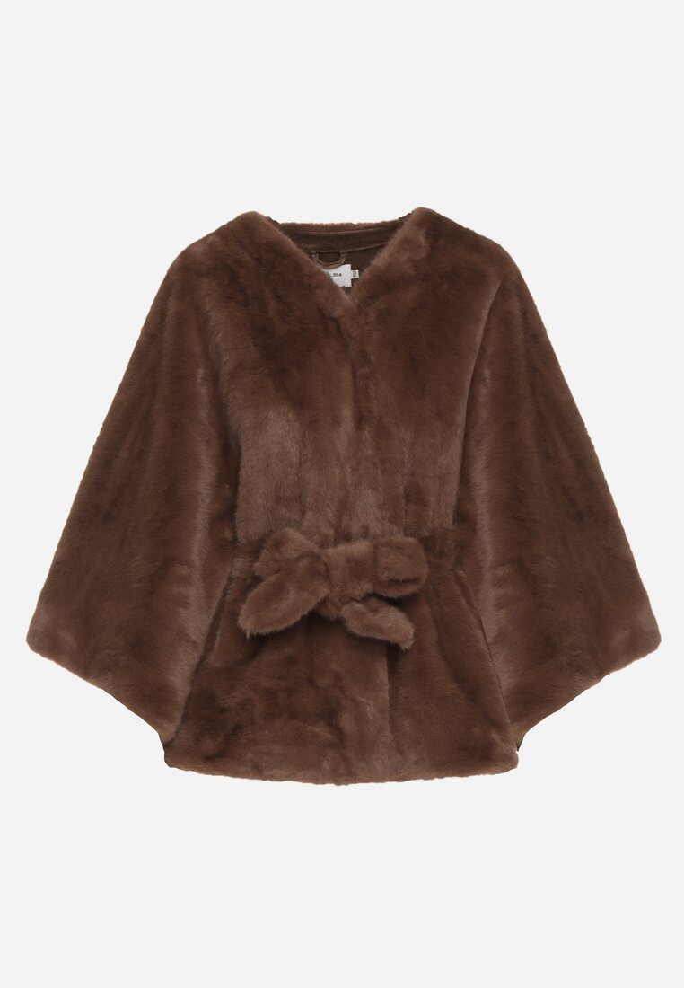 Brązowe Ponczo z Futerkiem i Wiązanym Paskiem Monalena