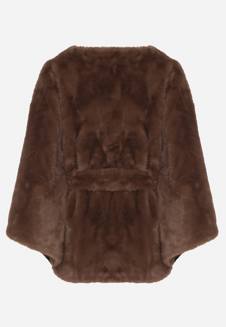 Brązowe Ponczo z Futerkiem i Wiązanym Paskiem Monalena
